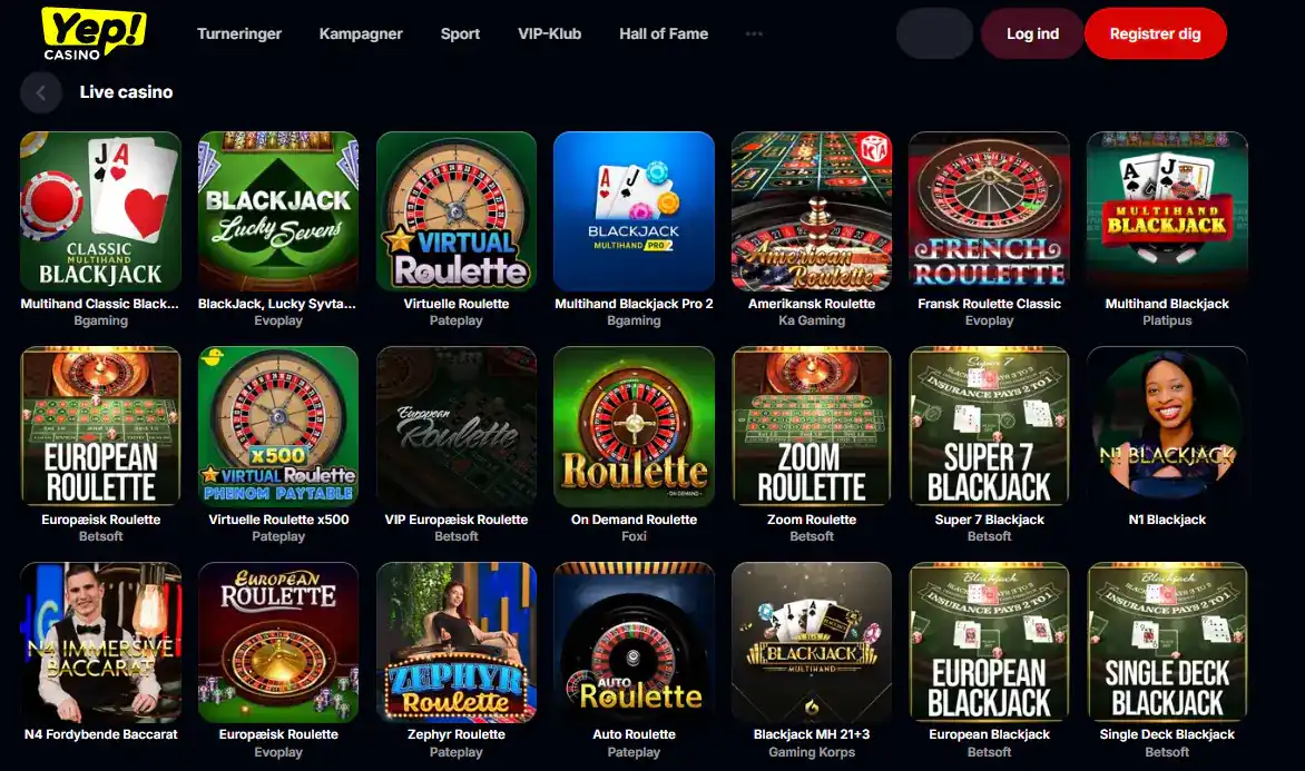 Yep Casinos officielle livecasino-kategori