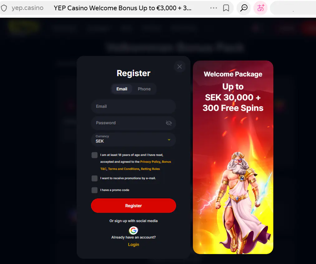 Yep Casinos officielle registreringsside