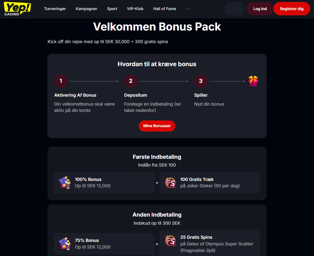 Yep Casinos aktuelle side med velkomstbonus og bonusvilkår