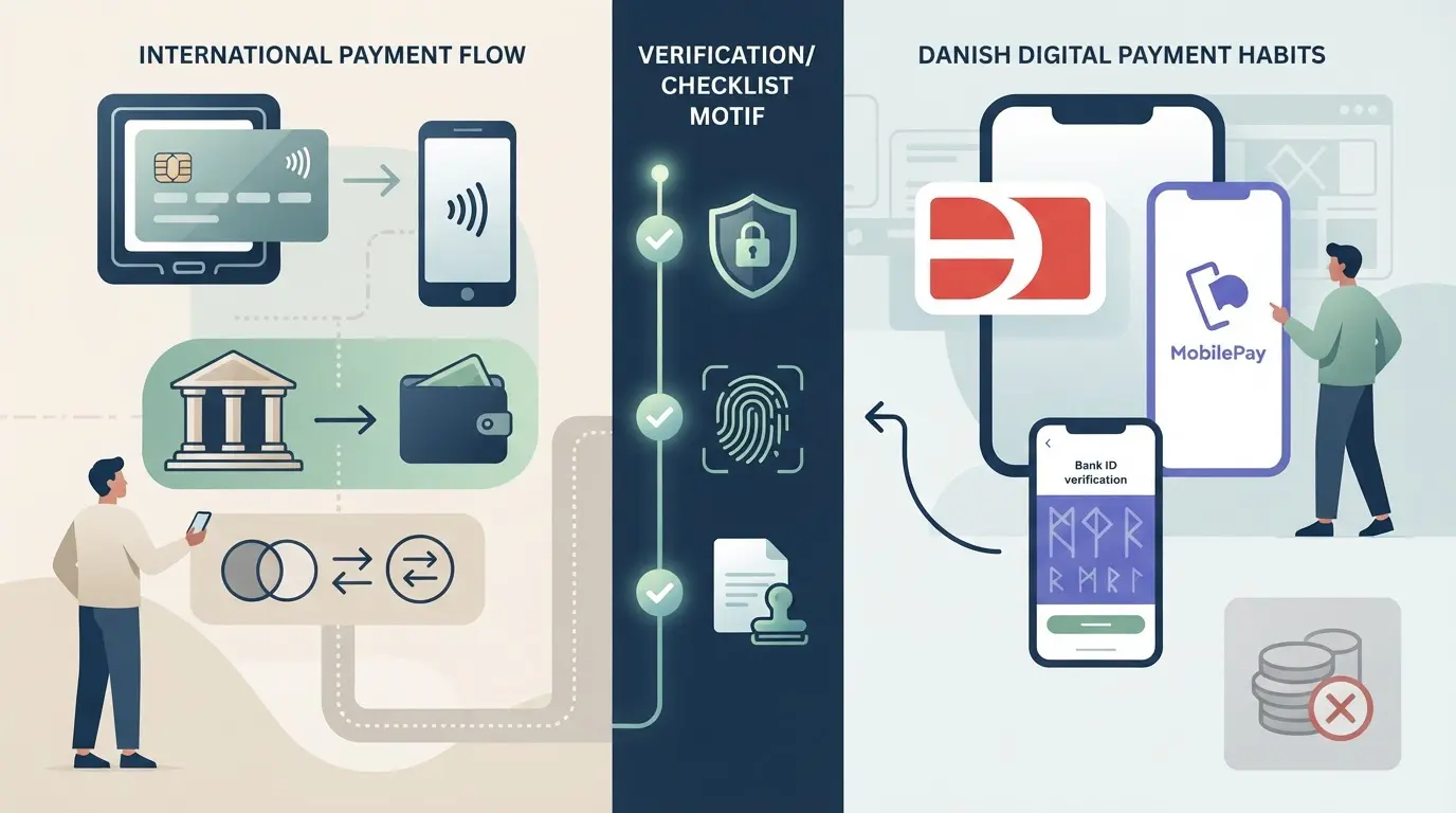 Illustration af internationale og danske digitale betalingsvalg omkring en online casino-kasse