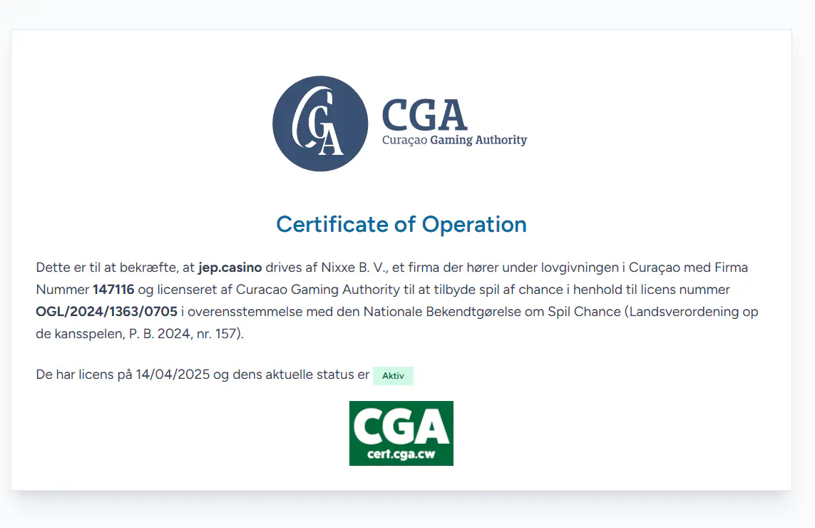Curaçao Gaming Authoritys certifikat for Nixxe B.V. og yep.casino