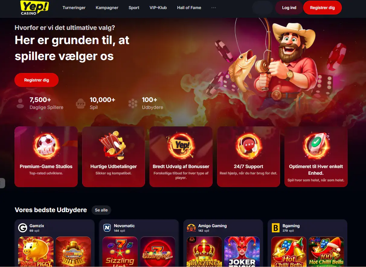 Yep Casinos aktuelle hjemmeside med produktoversigt