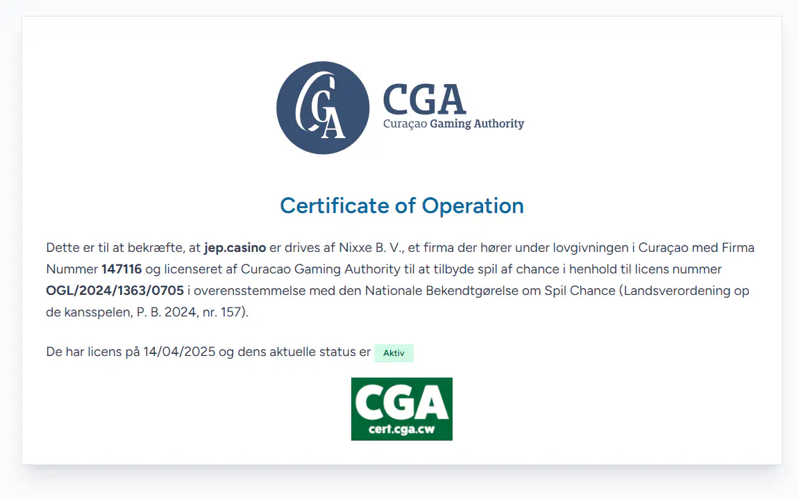 Curaçao Gaming Authoritys licenscertifikat for yep.casino og Nixxe B.V.